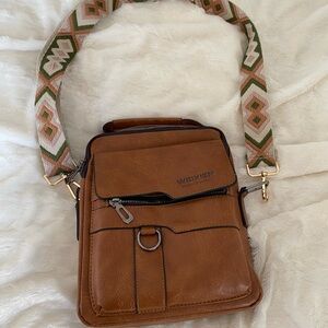 Brown Crossbody Bag with Patterned Strap